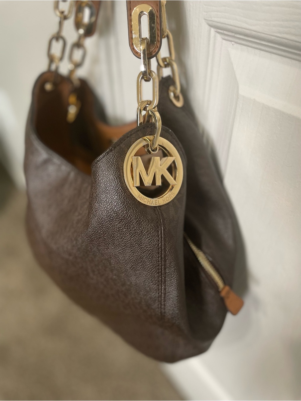 Michael Kors Purse Dark Brown Leather Material - Gold MK Charm